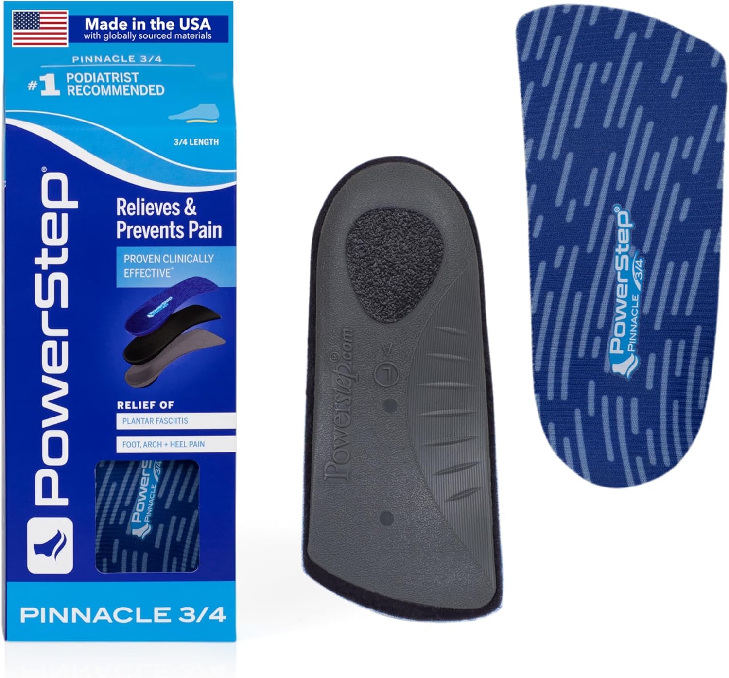 PowerStep plantilla Pinnacle 3/4 frontal y empaque mostrando ajuste bajo