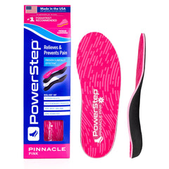 PowerStep Pinnacle Pink vista frontal y diseño rosa con soporte visible