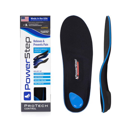PowerStep ProTech vista frontal en empaque mostrando soporte y confort