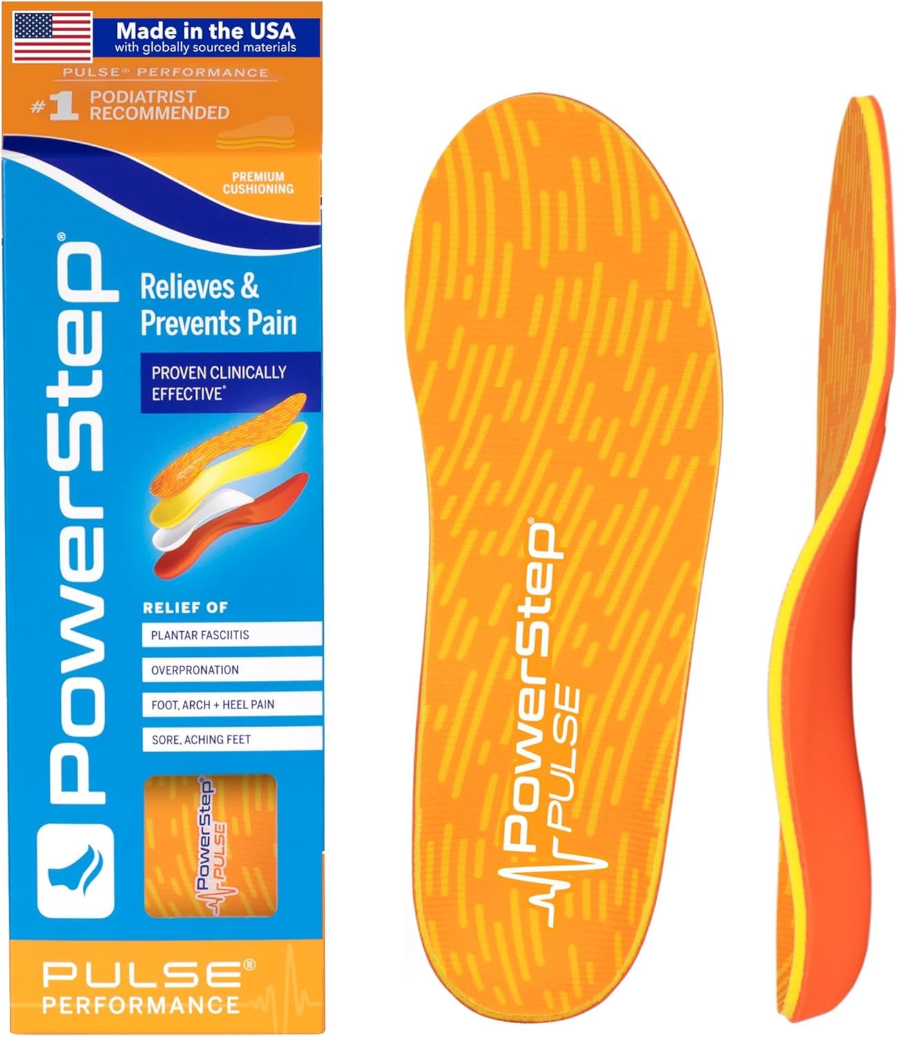PowerStep vista frontal del empaque mostrando el modelo Pulse y tamaño