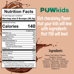 POWkids envase abierto mostrando polvo y 15 raciones, contenido visible