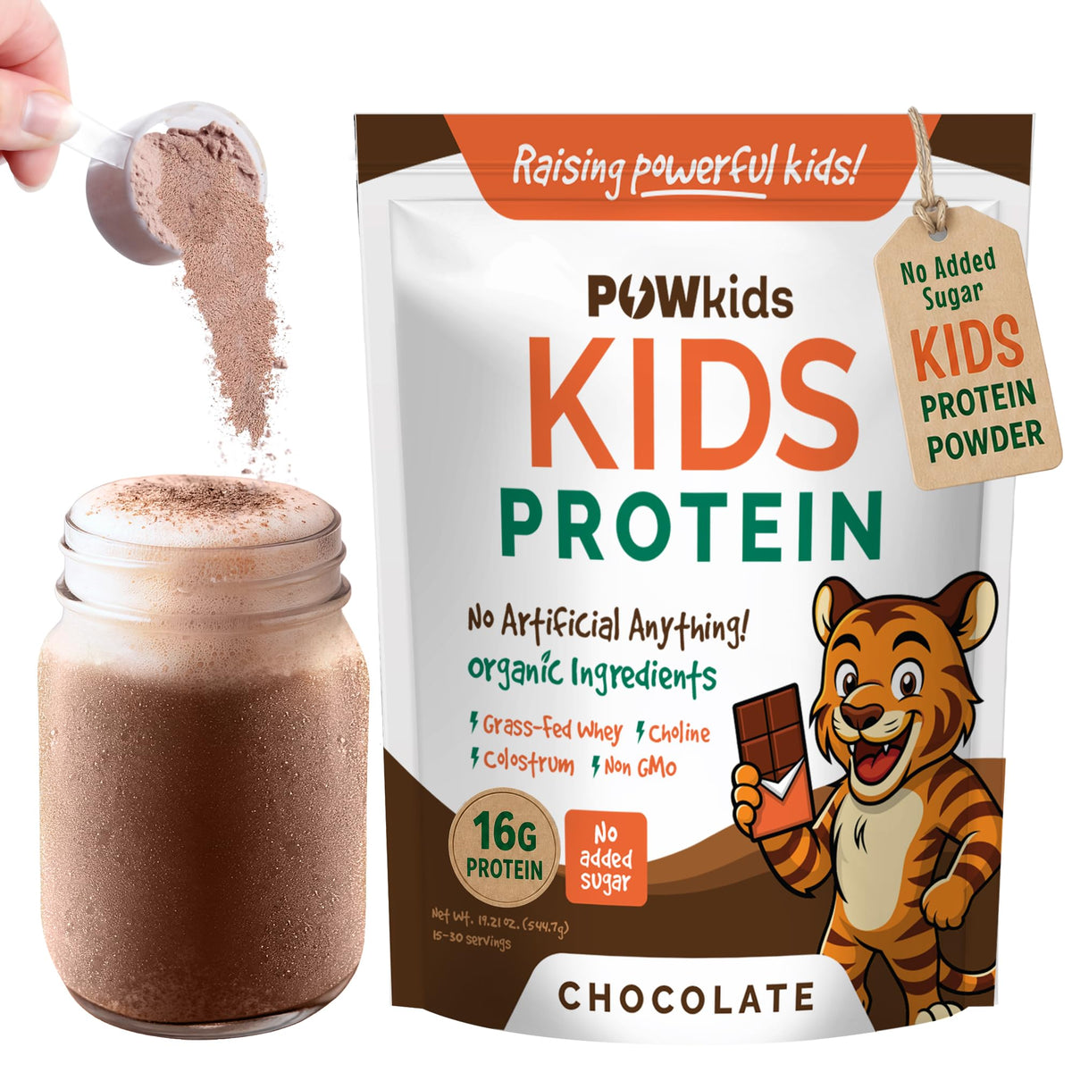 POWkids envase frontal sabor chocolate, atractivo para niños