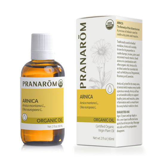 Pranarom frasco delantero de Arnica Virgin Plant Oil mostrando etiquetado claro y beneficio calmante