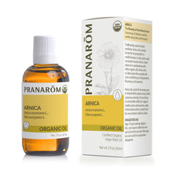 Pranarom frasco delantero de Arnica Virgin Plant Oil mostrando etiquetado claro y beneficio calmante