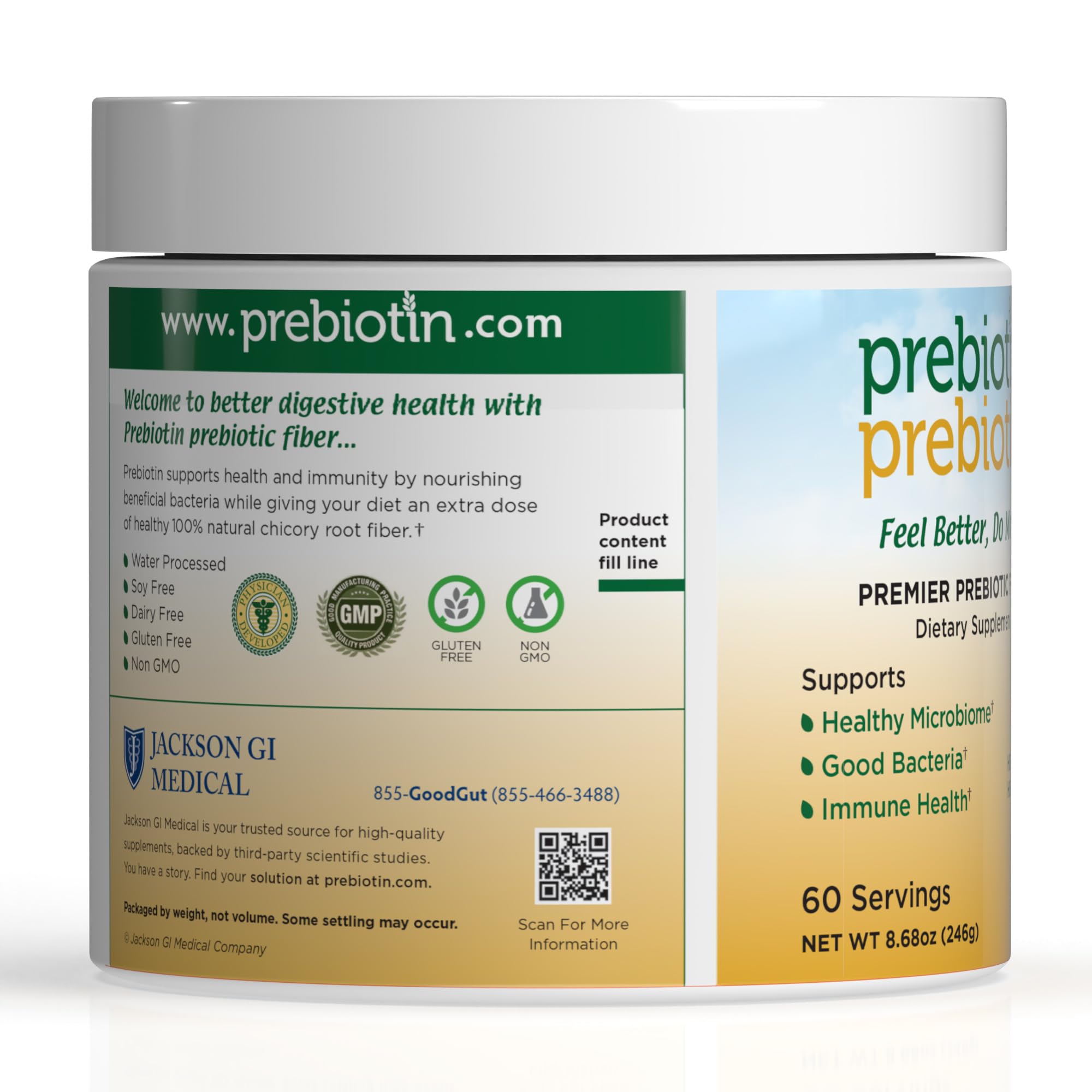 Prebiotin disuelto en un vaso de agua, marca Prebiotin mostrando mezcla transparente y fácil