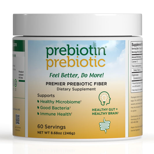 Prebiotin envase frontal mostrando marca y tamaño de 8.68 oz, claro y práctico
