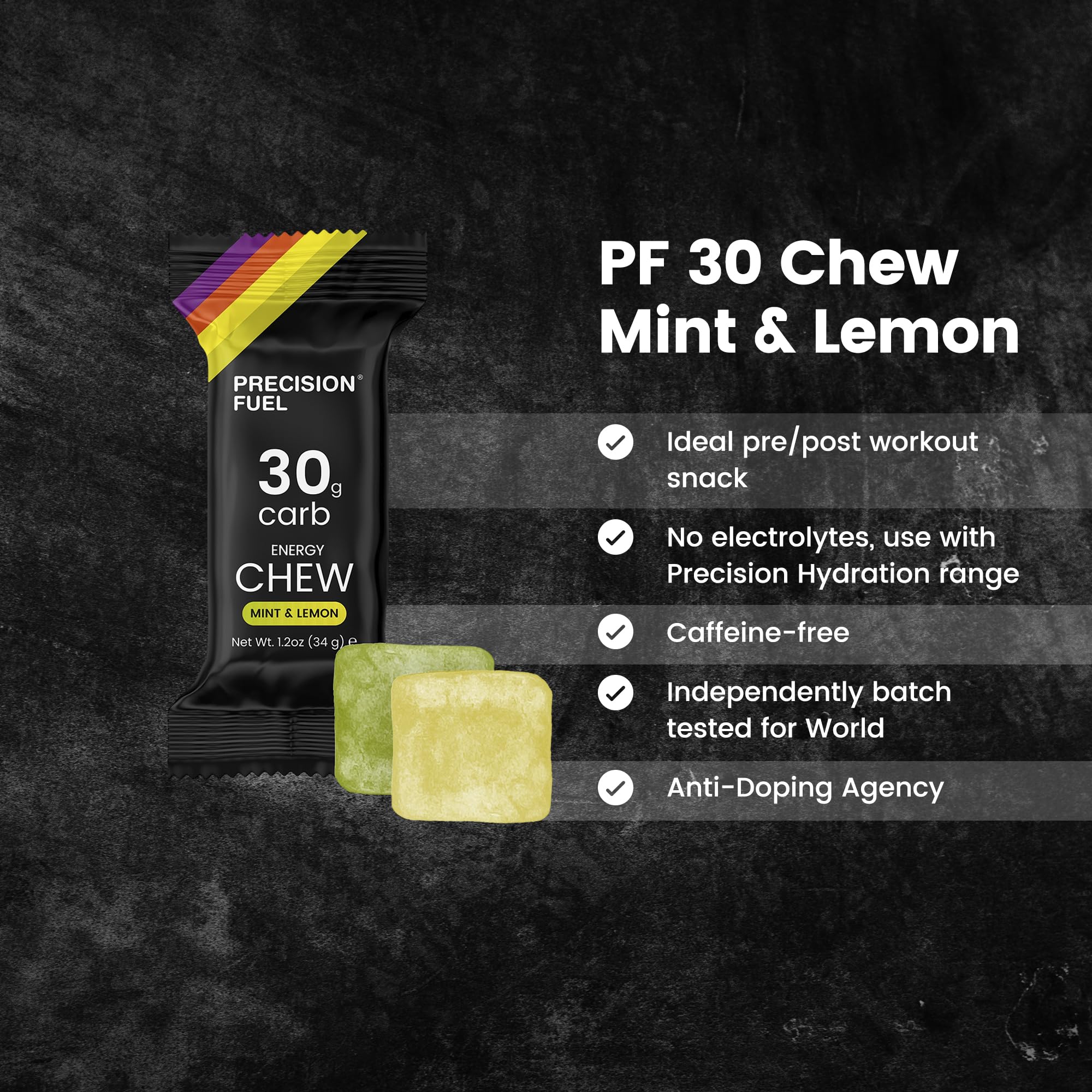 Precision Hydration atleta tomando PF30 Chew durante carrera para reponer energía efectiva