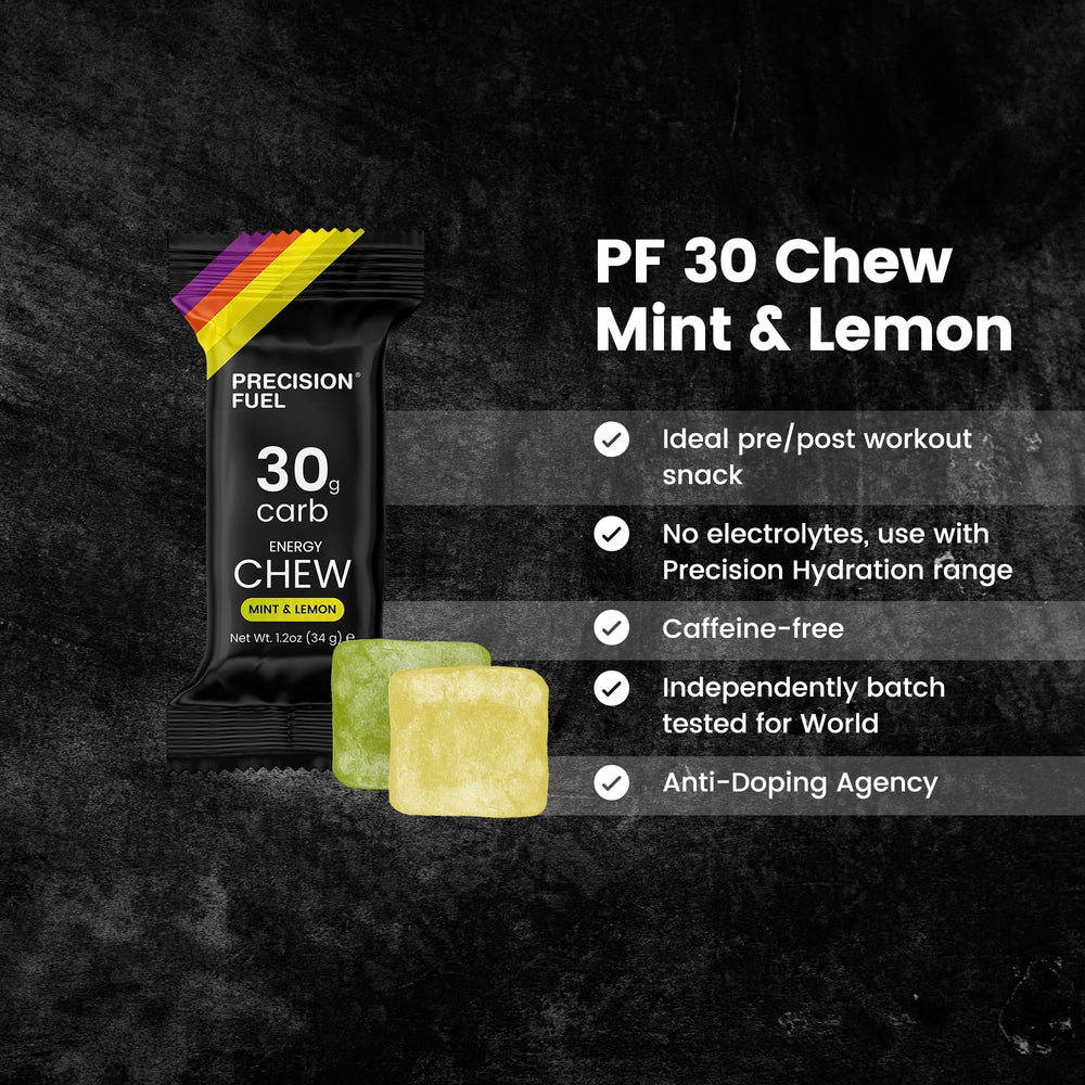 Precision Hydration atleta tomando PF30 Chew durante carrera para reponer energía efectiva