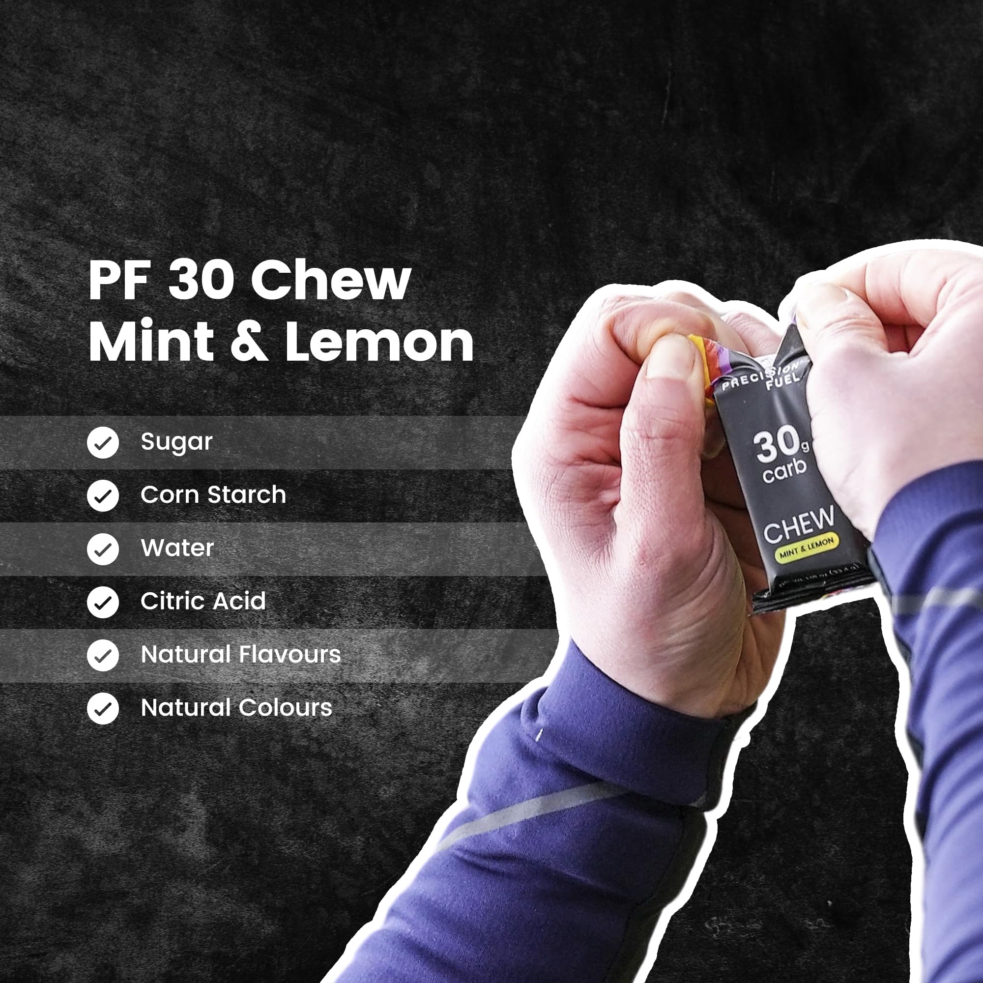 Precision Hydration etiqueta de ingredientes de PF30 Chew mostrando composición sin artificiales