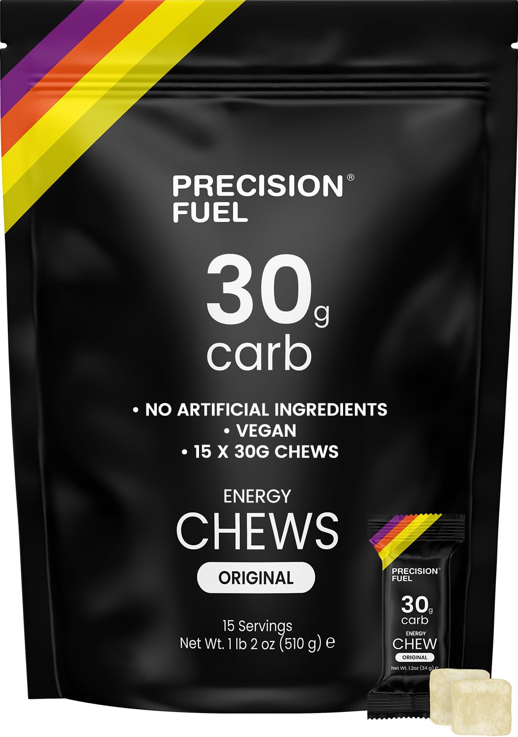Precision Hydration paquete frontal mostrando 15 chews y beneficio transporte ligero