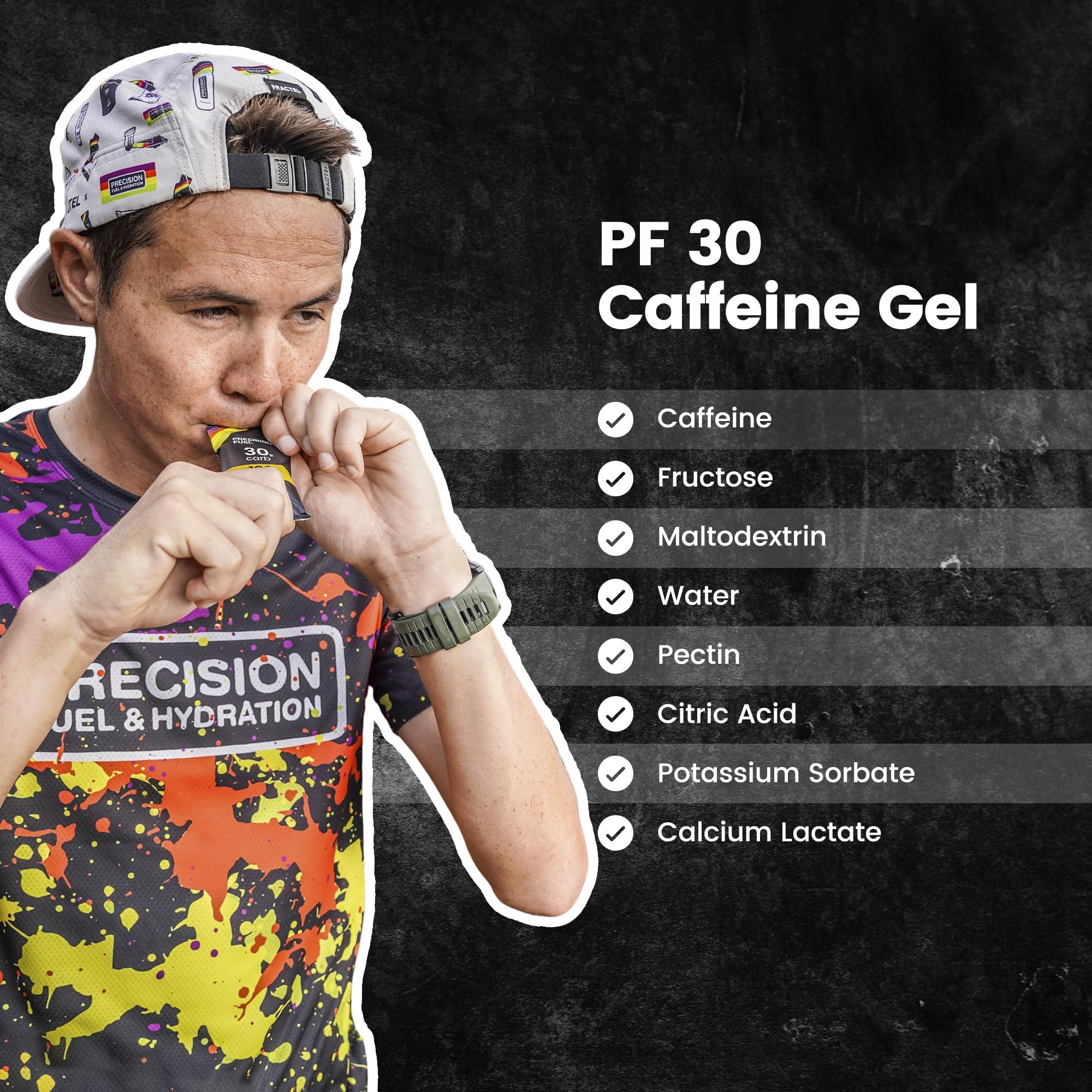 Precision Hydration gel en uso durante una carrera, aporta energía rápida y cafeína