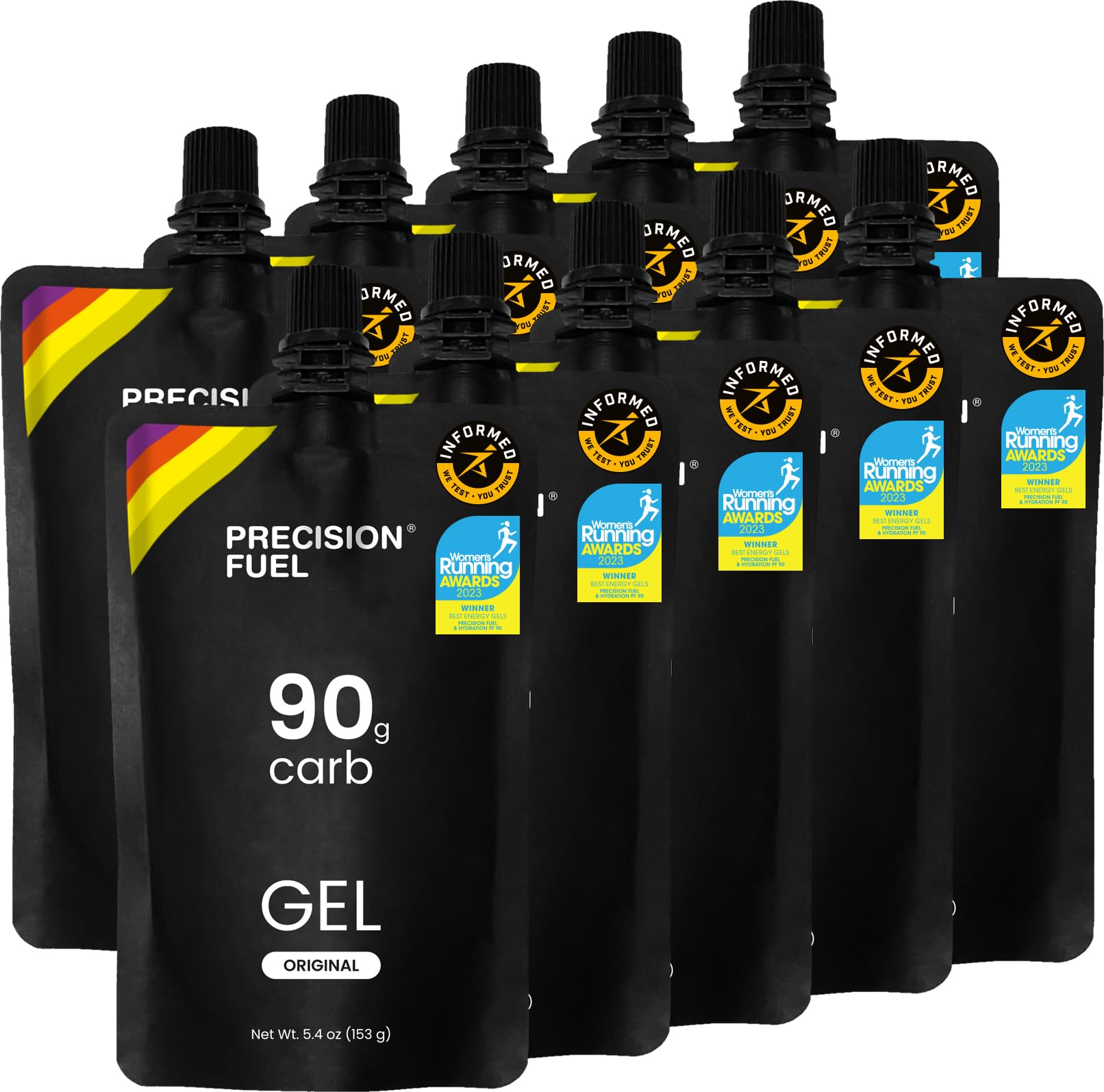 Precision Hydration PF90 frente del envase mostrando etiqueta y tapón resellable, fácil transporte