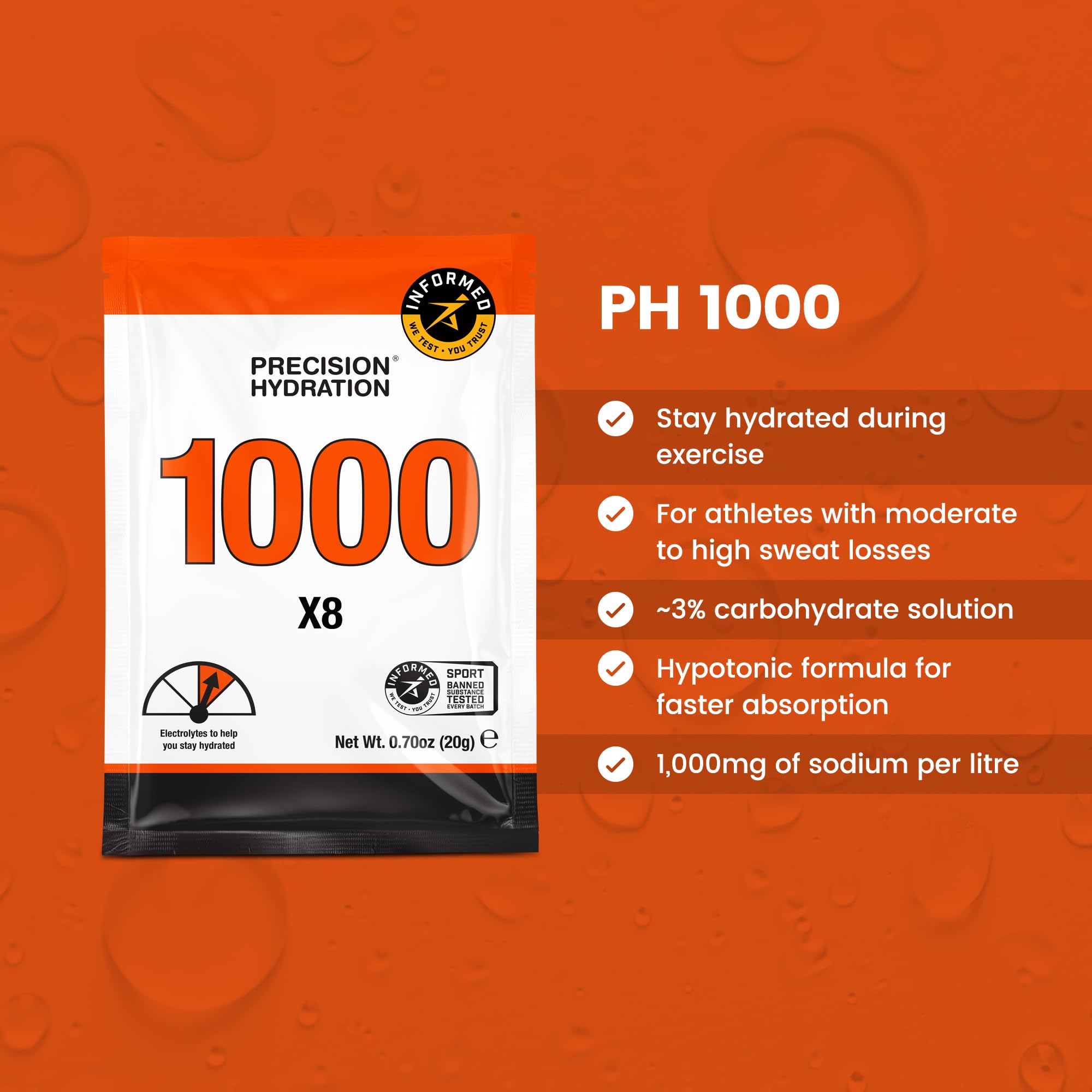 Precision Hydration polvo naranja en primer plano que muestra textura fácil disolución
