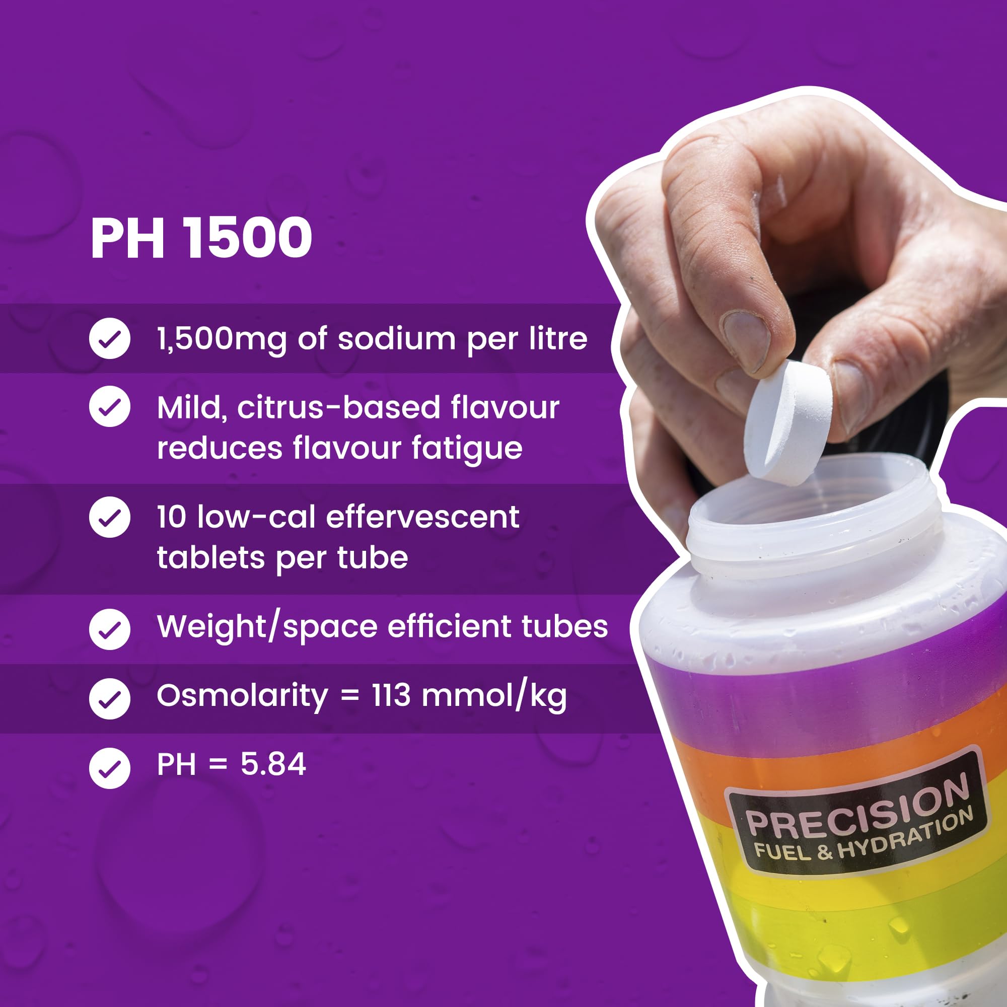 Precision Hydration tableta disuelta en vaso, hidratación rápida y baja en calorías