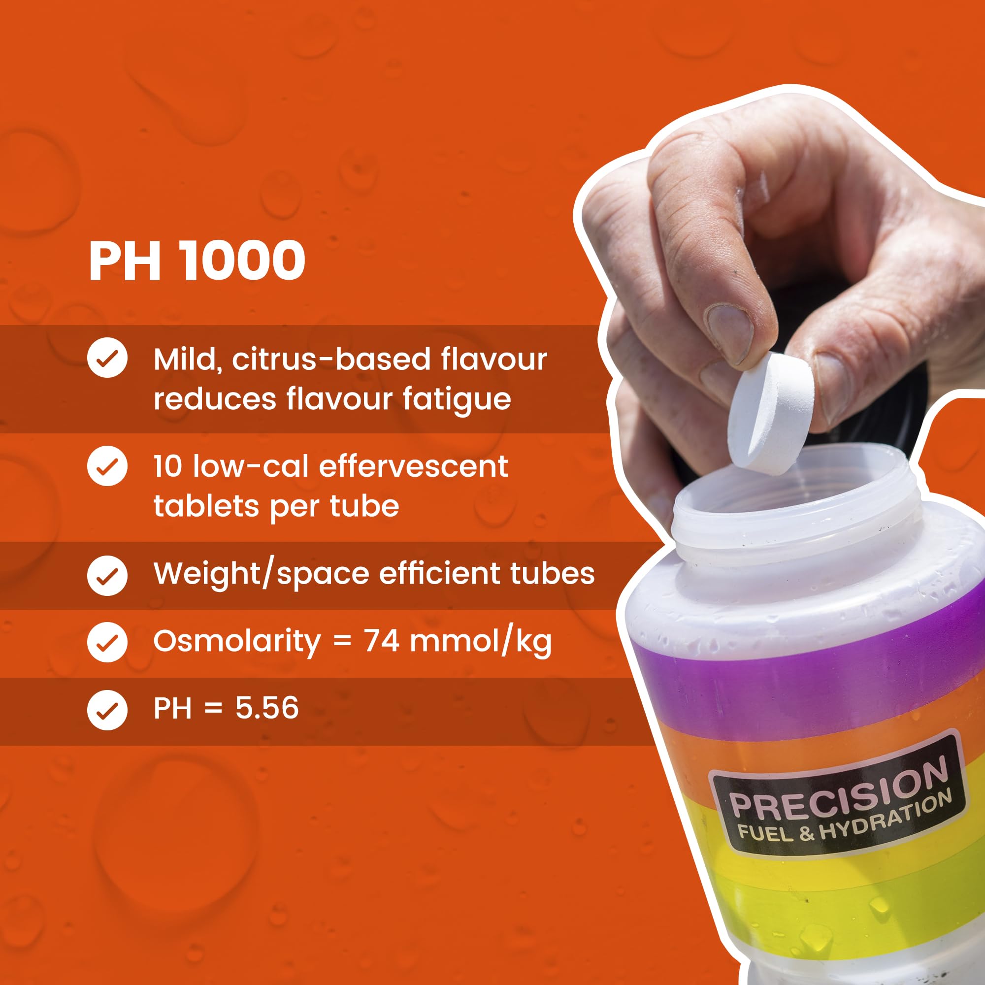 Precision Hydration tableta disolviéndose en agua mostrando efervescencia útil