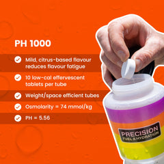 Precision Hydration tableta disolviéndose en agua mostrando efervescencia útil