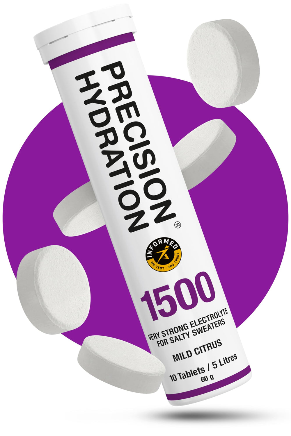 Precision Hydration tubo morado frontal mostrando concentración 1500 mg/L y conveniencia