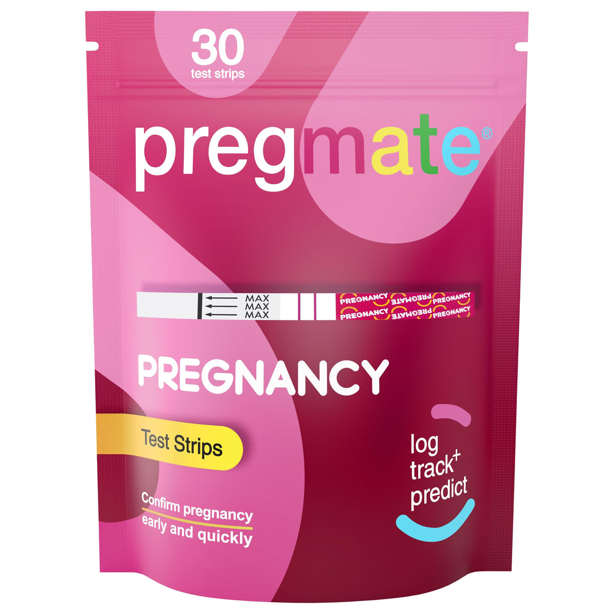 PREGMATE frente del empaque mostrando 30 tiras y beneficio de cantidad