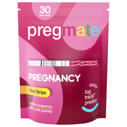 PREGMATE frente del empaque mostrando 30 tiras y beneficio de cantidad
