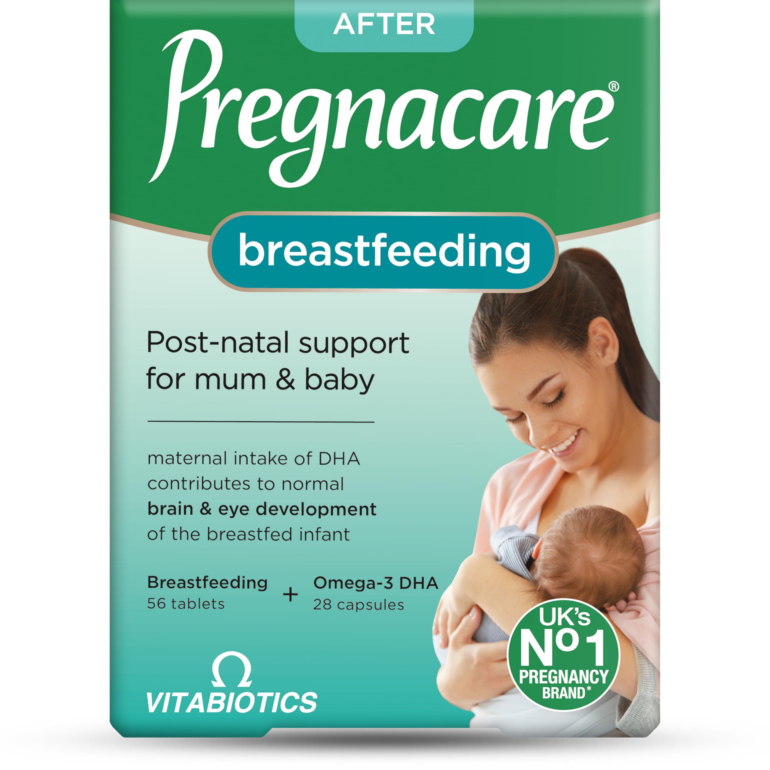 Pregnacare envase frontal mostrando 84 comprimidos y apoyo postnatal
