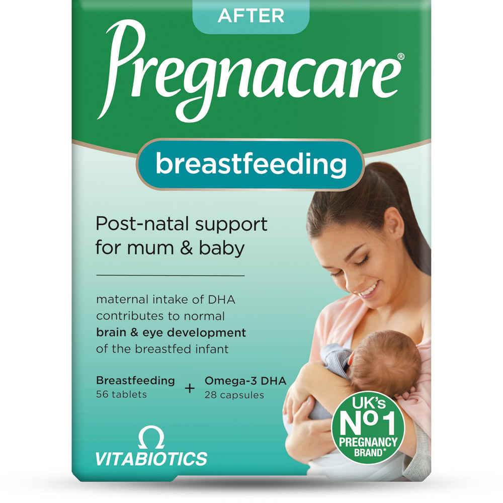 Pregnacare envase frontal mostrando 84 comprimidos y apoyo postnatal