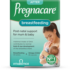 Pregnacare envase frontal mostrando 84 comprimidos y apoyo postnatal