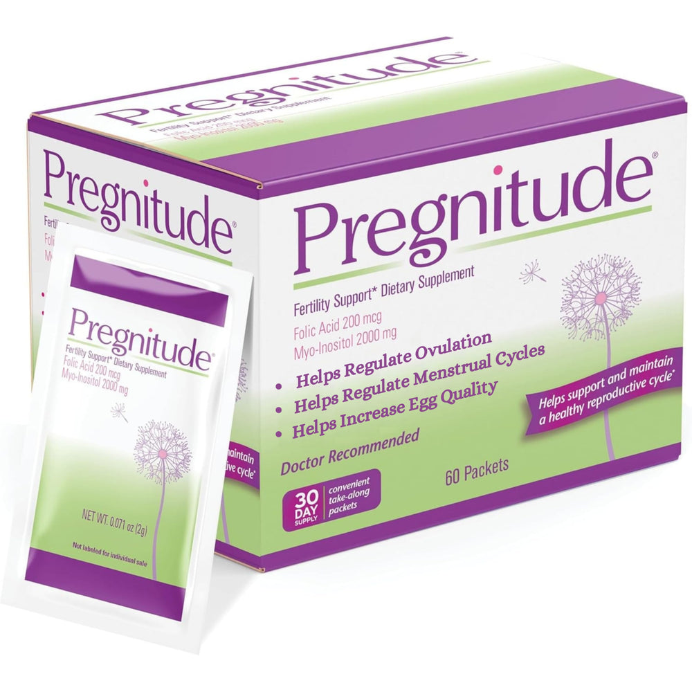 Pregnitude frente del empaque mostrando 60 sobres y beneficios de conveniencia