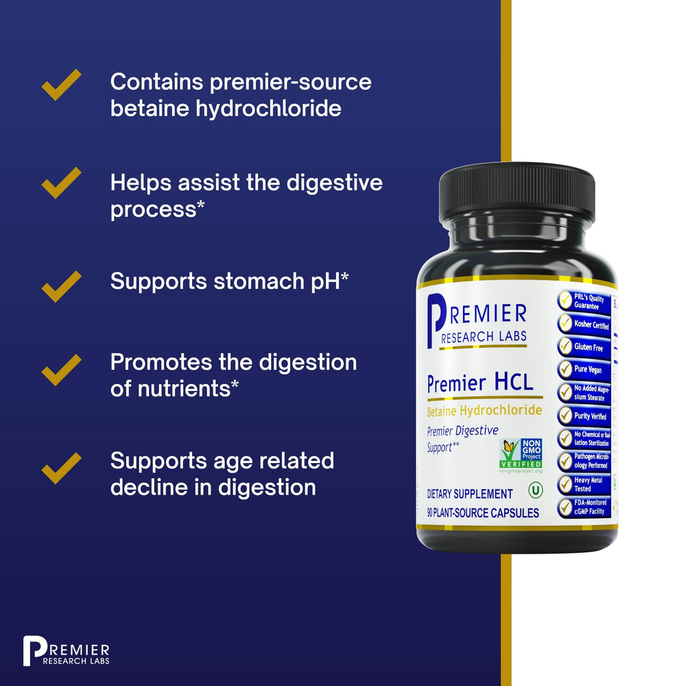 Persona tomando Premier HCL tras comida, marca Premier Research Labs para digestión