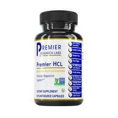 Premier Research Labs frasco Premier HCL vista frontal y beneficio digestivo