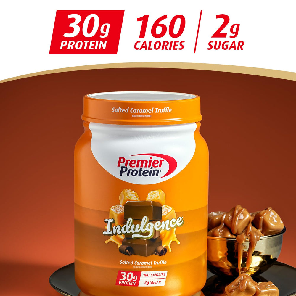 Vaso con batido Premier Protein Salted Caramel listo para tomar y saciar
