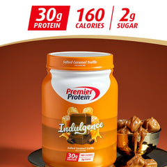 Vaso con batido Premier Protein Salted Caramel listo para tomar y saciar