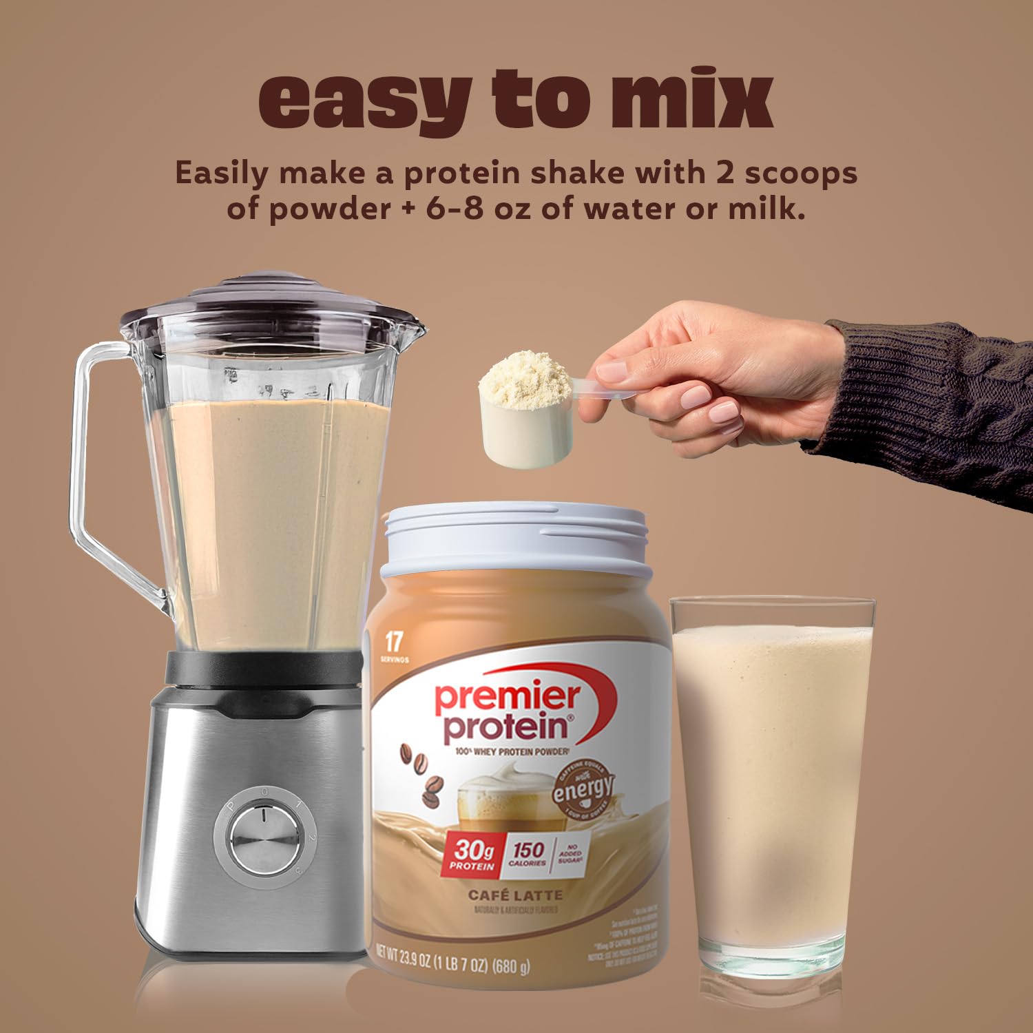 Premier Protein batido preparado en vaso listo para beber como snack energético