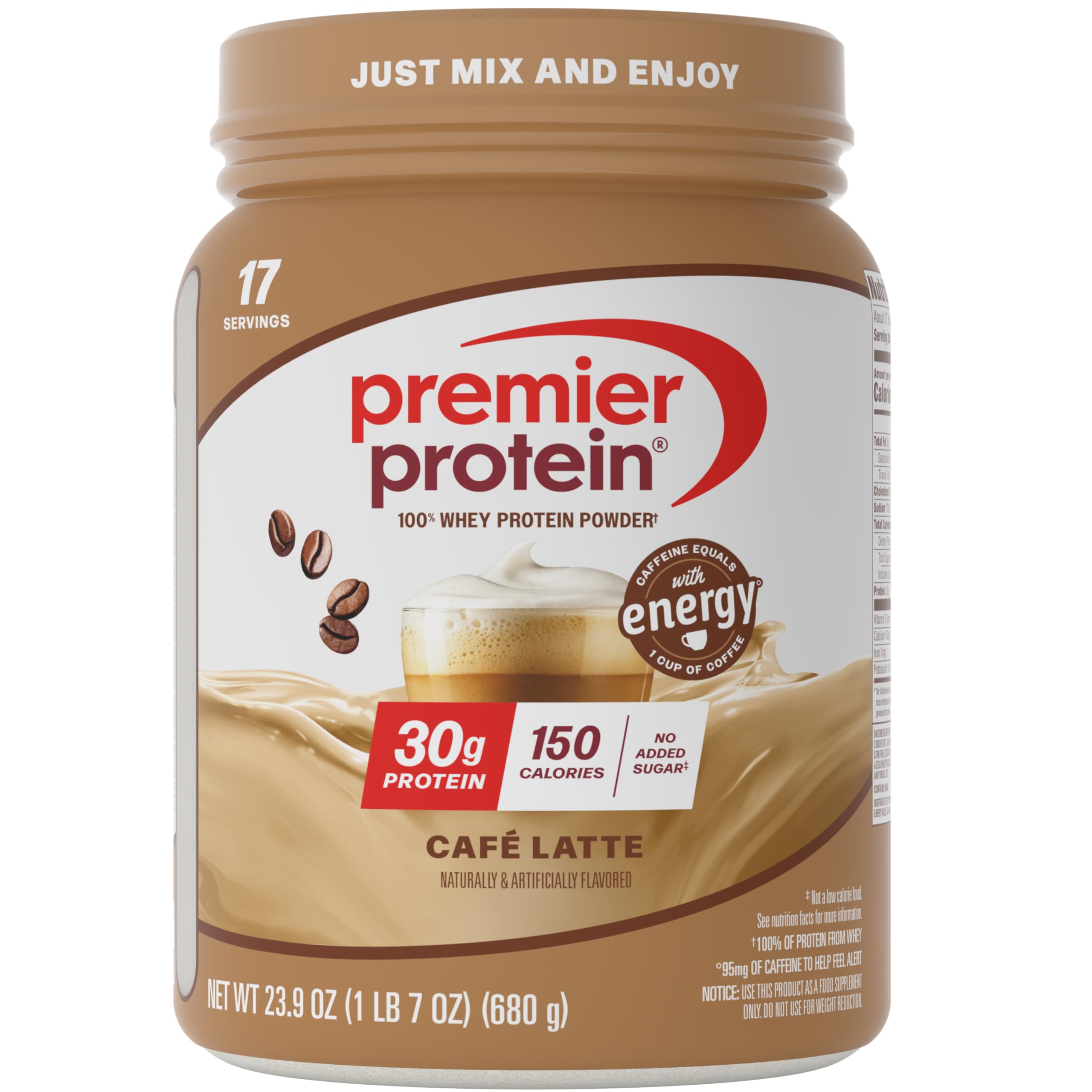 Premier Protein envase frontal mostrando sabor café latte y porciones