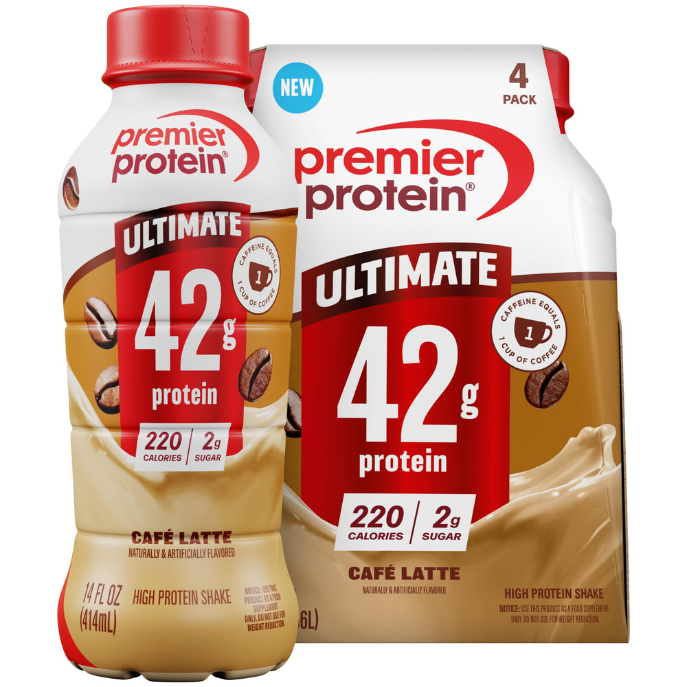 Premier Protein envase frontal Café Latte mostrando etiqueta y tamaño