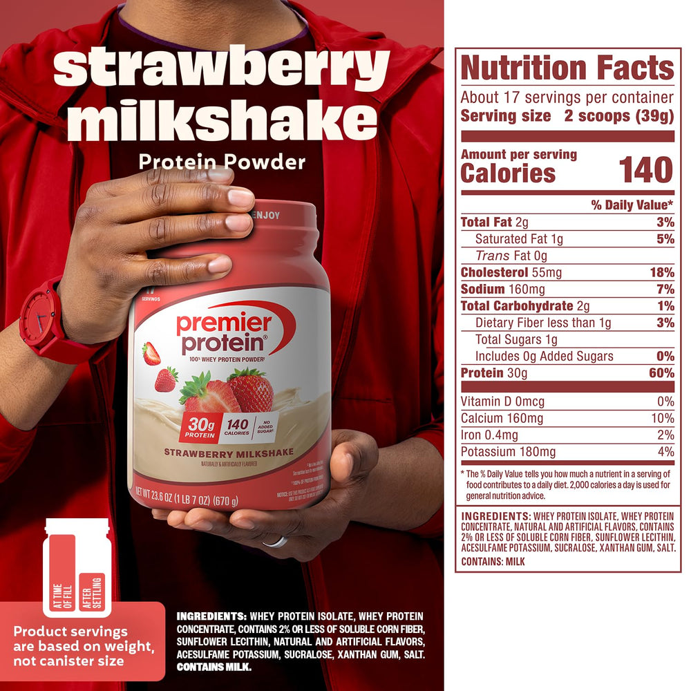 Premier Protein cuchara llena de polvo lista para preparar batido