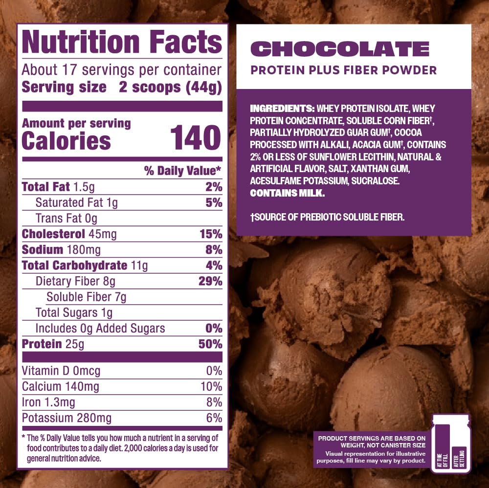 Premier Protein etiqueta nutricional destacando 25 g proteína y 7 g fibra