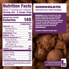 Premier Protein etiqueta nutricional destacando 25 g proteína y 7 g fibra