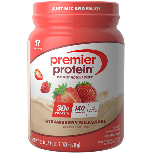 Premier Protein envase frontal sabor fresa mostrando raciones y beneficios