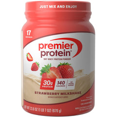 Premier Protein envase frontal sabor fresa mostrando raciones y beneficios