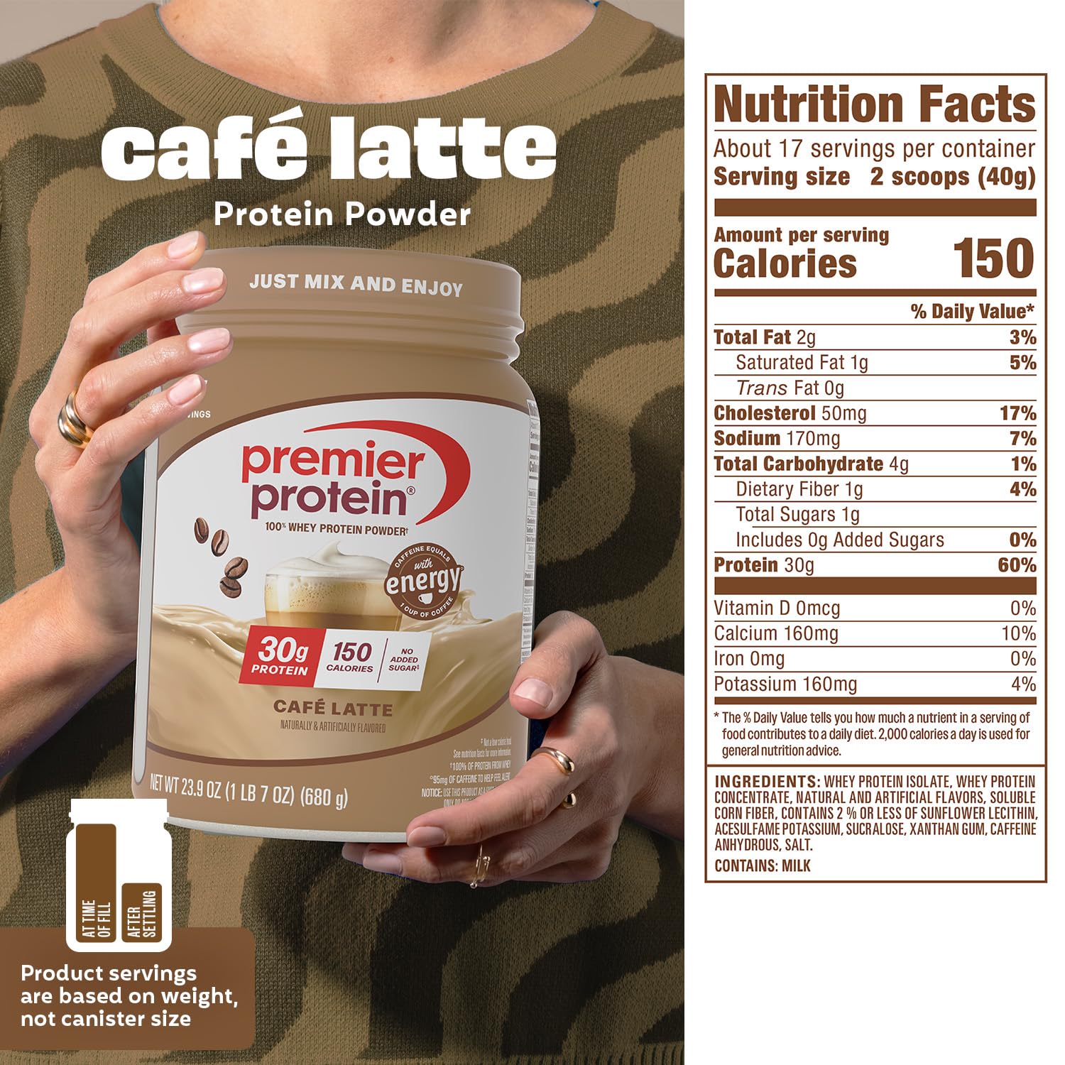 Premier Protein etiqueta nutricional legible con datos de proteína y cafeína