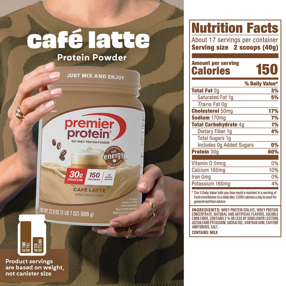 Premier Protein etiqueta nutricional legible con datos de proteína y cafeína