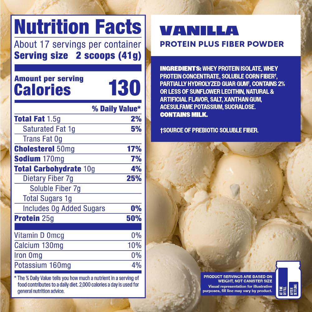 Premier Protein etiqueta nutricional destacando proteína y fibra prebiótica
