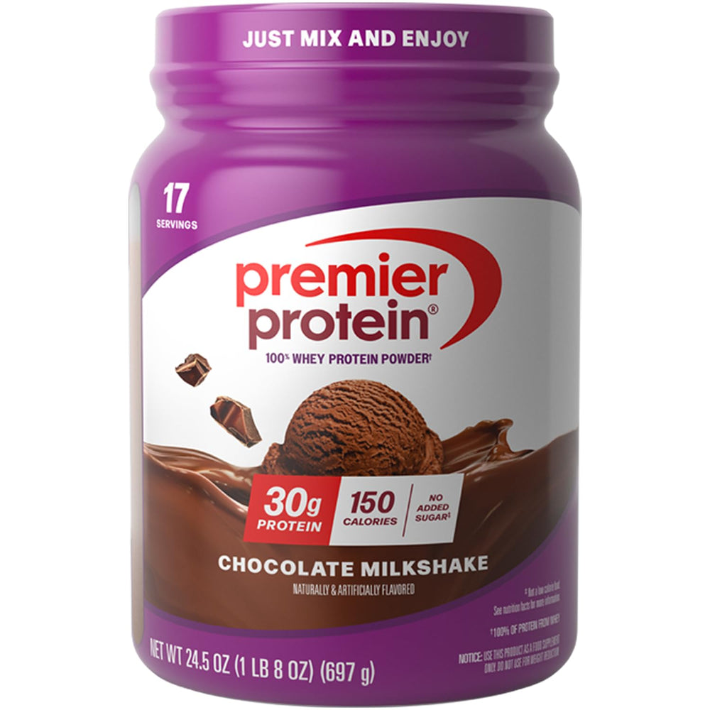 Premier Protein envase frontal sabor Chocolate con diseño claro y informativo, cómodo para llevar