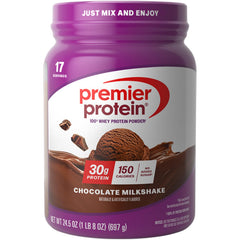 Premier Protein envase frontal sabor Chocolate con diseño claro y informativo, cómodo para llevar