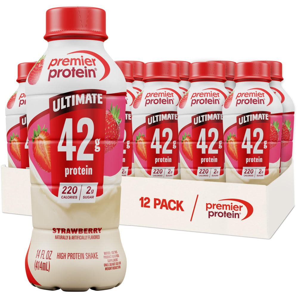 Premier Protein frente pack 12 mostrando el envase y la marca, conveniencia inmediata