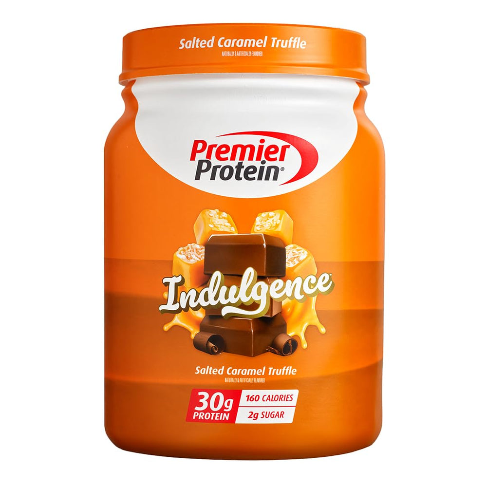 Premier Protein envase frontal sabor Salted Caramel mostrando diseño y raciones