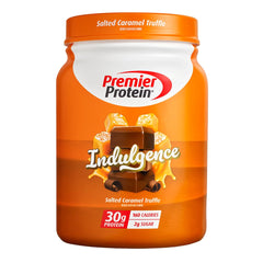 Premier Protein envase frontal sabor Salted Caramel mostrando diseño y raciones