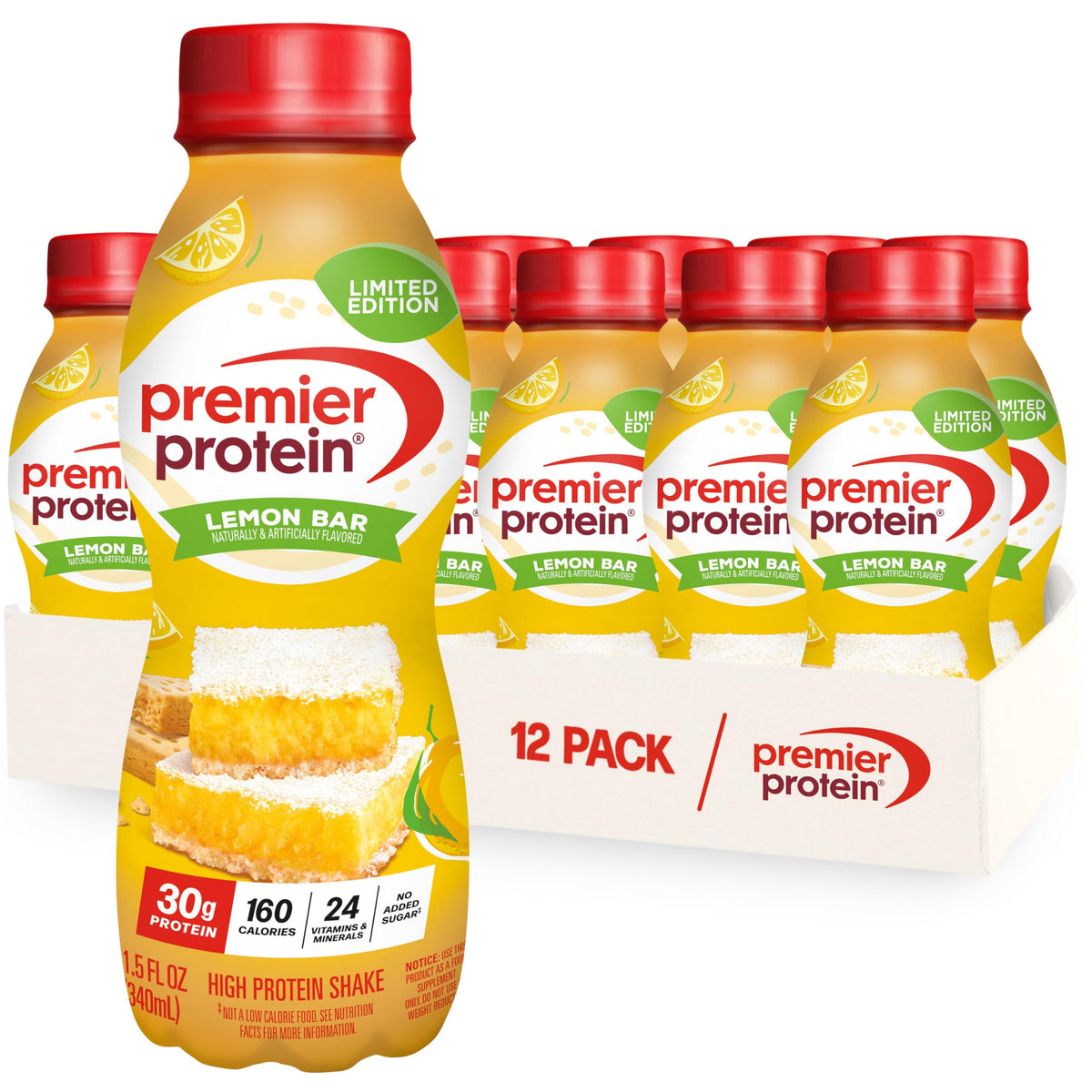 Premier Protein botella frontal Lemon Bar mostrando diseño y conveniencia