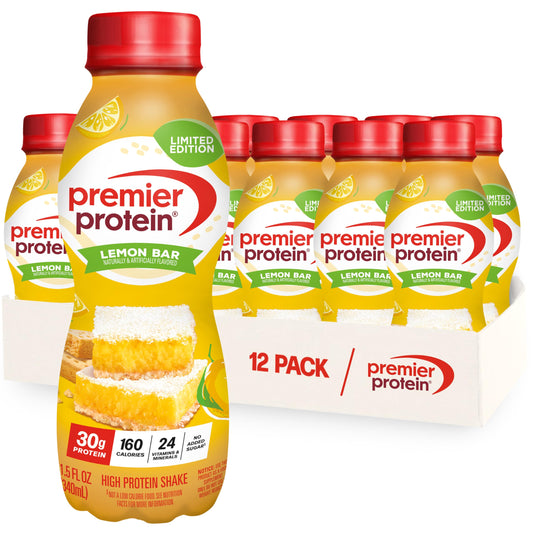 Premier Protein botella frontal Lemon Bar mostrando diseño y conveniencia