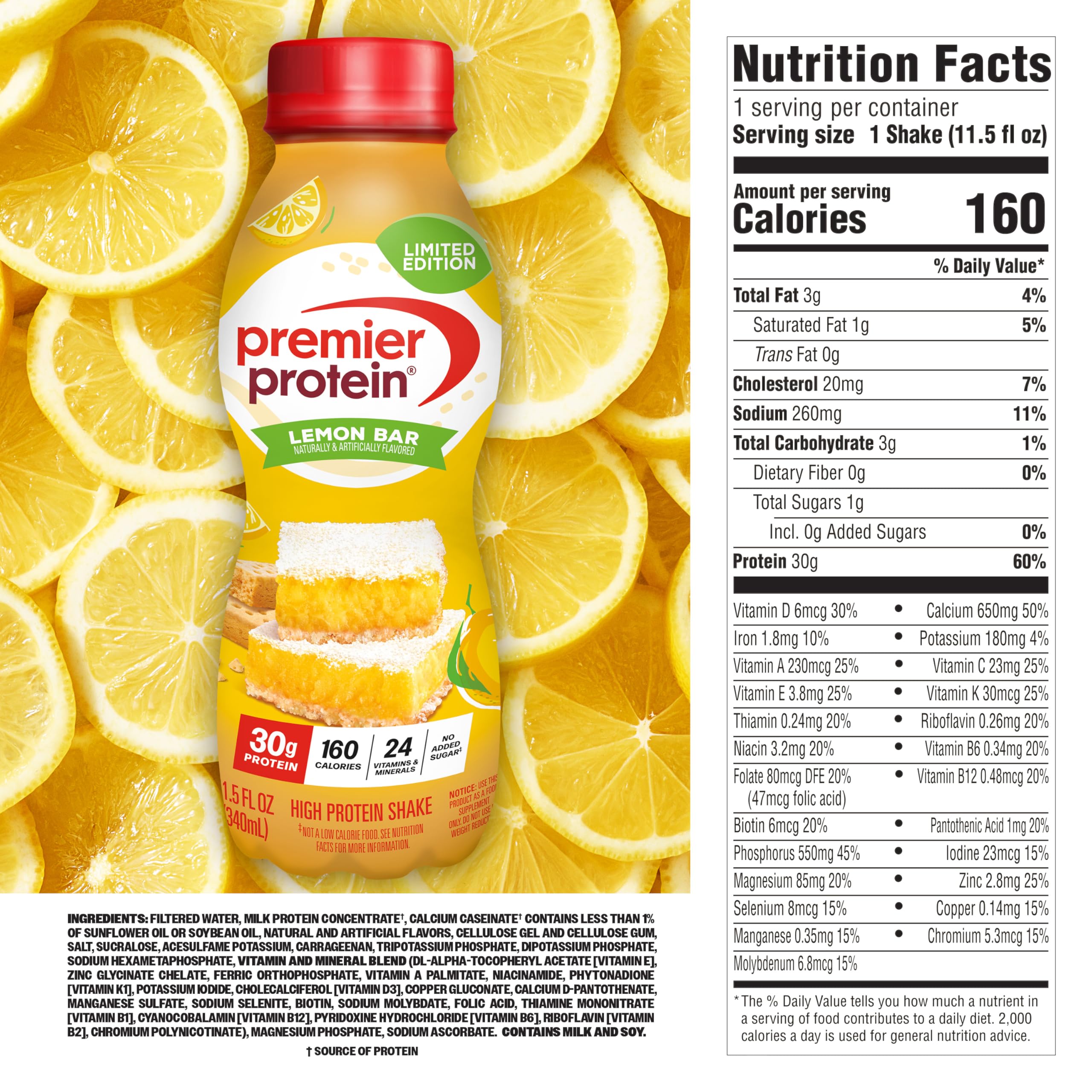 Premier Protein etiqueta nutricional clara destacando proteína y vitaminas